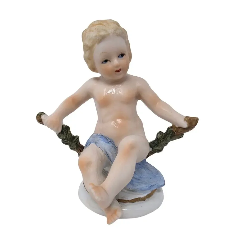 Pair Vintage Bisque Piano Baby Figurines Porcelain Child Figures Decor